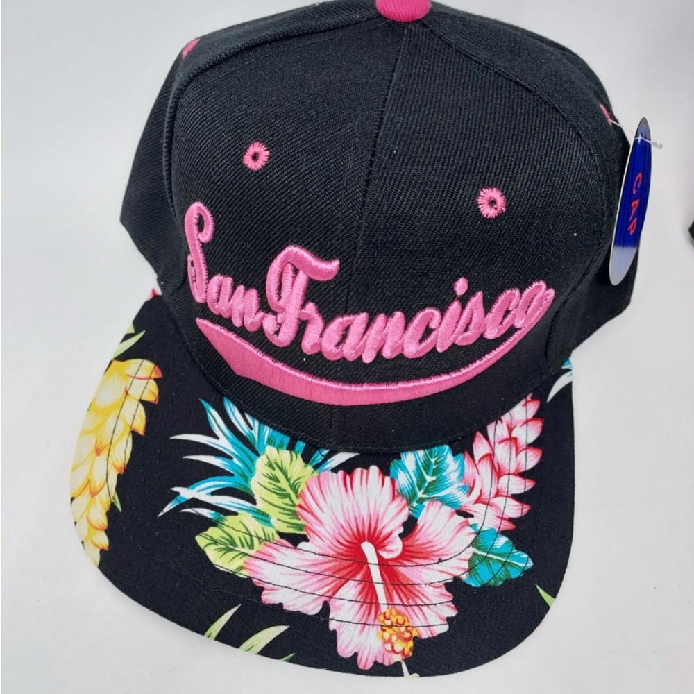 San Francisco Embroidery Hat Adjustable Pink Letters Black Background Flower